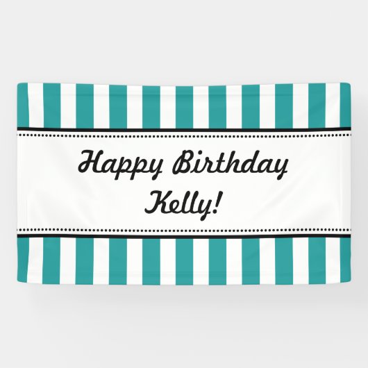 ティール（緑がかった色）アクアブルーホワイト誕生日バナーストライプズ 横断幕 (横)