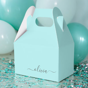 ティール（緑がかった色）アクアブルーモダンスクリプガーリートモノグラム名 フェイバーボックス