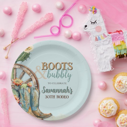 ティール(緑がかった色)アクアブルーロデオ女性のカーボーイウェスタン誕生日 ペーパープレート (パーティー)