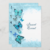 ティール（緑がかった色）アクアブルー水色バタフライパーティー 招待状 (正面/裏面)