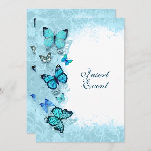 ティール（緑がかった色）アクアブルー水色バタフライパーティー 招待状 (正面/裏面)