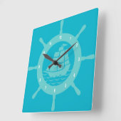 ティール(緑がかった色)&アクアブルー航海のボートホイール スクエア壁時計 (傾斜)