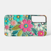 ティール（緑がかった色）アクアホットピンクフローラ刺繍スタイル SAMSUNG GALAXYケース (裏面横)
