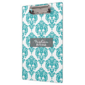 ティール（緑がかった色）アクアホワイトダマスクシックグラムパーソナライズされた クリップボード (左)