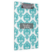 ティール（緑がかった色）アクアホワイトダマスクシックグラムパーソナライズされた クリップボード (右)