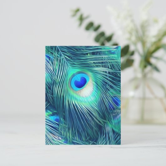 ティール(緑がかった色)アクアマリンピーコックフェザー ポストカード (スタンド正面)