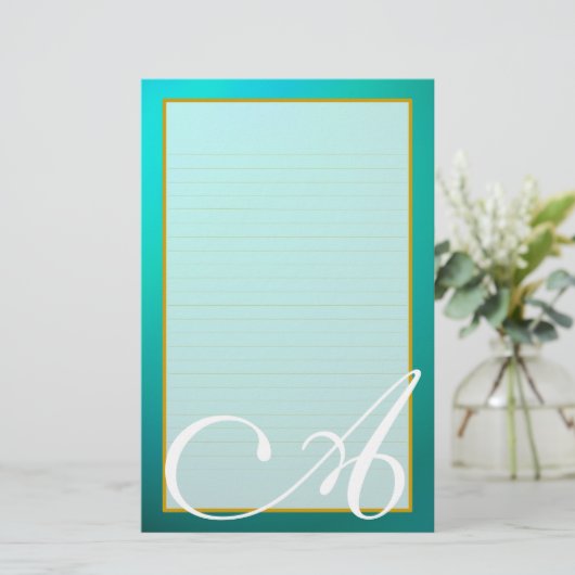 ティール（緑がかった色）アクアマリンモノグラム素晴らしライニング文房具 便箋 (スタンド正面)