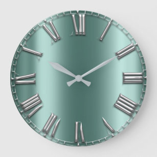 ティール（緑がかった色）アクアミントグレーグレーシルバーローマンナンバールルクス ラージ壁時計