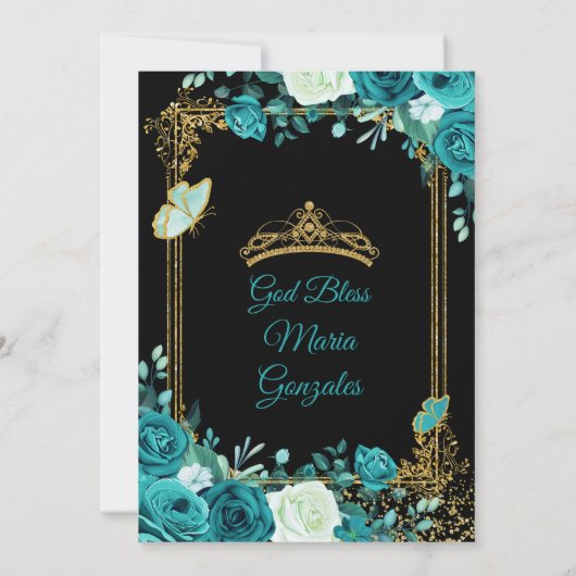 ティール（緑がかった色）アクアメキシコキンセアニェラバタフライ招待状 招待状 (裏面)