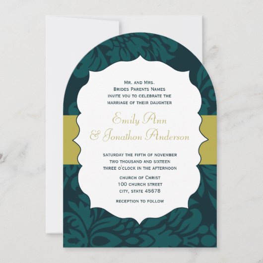 ティール（緑がかった色）アクアモダンアンドライムダマスウェディング招待状 招待状 (正面)