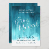 ティール（緑がかった色）アクアモダンア絵を描ートは日付カードを保存 セーブザデート (正面/裏面)