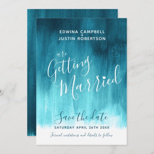 ティール（緑がかった色）アクアモダンア絵を描ートは日付カードを保存 セーブザデート (正面/裏面)