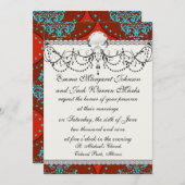 ティール(緑がかった色)アクアレッドホワイトヘナダマスク 招待状 (正面/裏面)