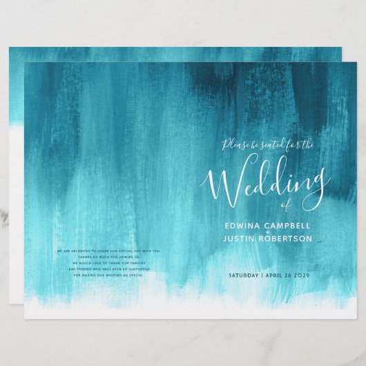 ティール(緑がかった色)アクア抽象芸術アートウェディングプログラム (正面/裏面)