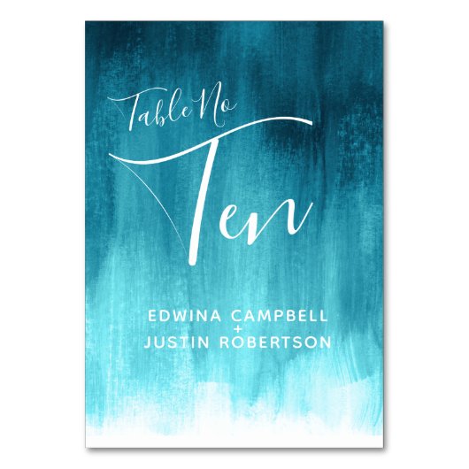 ティール(緑がかった色)アクア抽象芸術モダンアートテーブル番号Ten テーブルナンバー (正面)