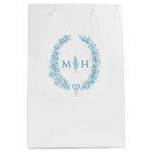 ティール（緑がかった色）アクア白葉楕円リースモノグラム結婚ズ ミディアムペーパーバッグ (正面)