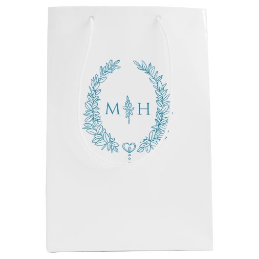 ティール(緑がかった色)アクア白葉楕円リースモノグラム結婚ズ ミディアムペーパーバッグ (正面)