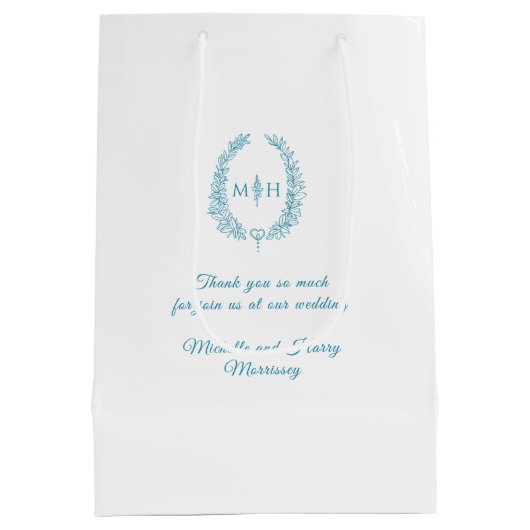 ティール（緑がかった色）アクア白葉楕円リースモノグラム結婚ズ ミディアムペーパーバッグ (裏面)