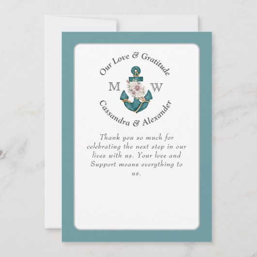 ティール（緑がかった色）アクア航海のターコイズブルーフローラいかり サンキューカード (裏面)