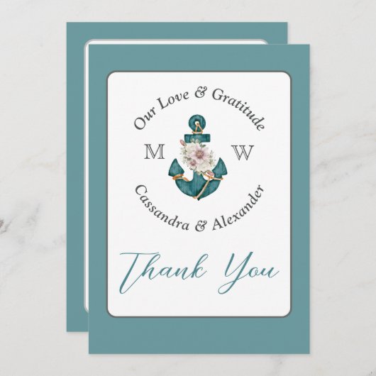 ティール（緑がかった色）アクア航海のターコイズブルーフローラいかり サンキューカード (正面/裏面)