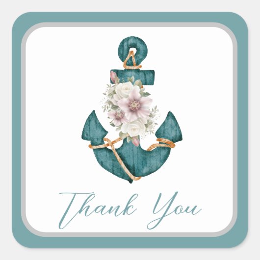 ティール（緑がかった色）アクア航海のターコイズブルーフローラいかり スクエアシール (正面)