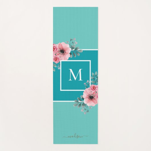 ティール（緑がかった色）&アクア |水彩フラワーズモノグラム ヨガマット (正面)