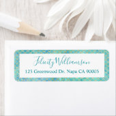 ティール(緑がかった色)、アクア&金ゴールド水彩マーメイドスケールパターン ラベル (インサイチュ)