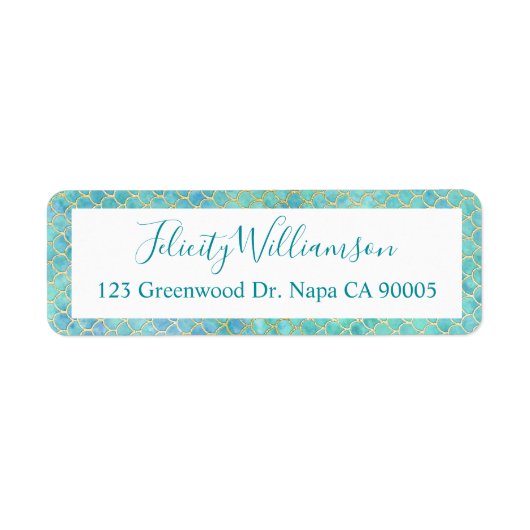 ティール(緑がかった色)、アクア&金ゴールド水彩マーメイドスケールパターン ラベル (正面)