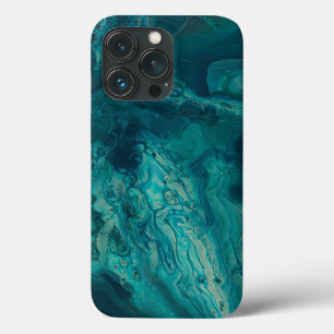ティール(緑がかった色)アクリル注入抽象芸術流体アート iPhone 13 PROケース