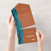 ティール(緑がかった色)アゲート金ゴールドバーンドオレンジ結婚ズ オールインワン招待状 (貼ってはがせる)