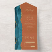 ティール(緑がかった色)アゲート金ゴールドバーンドオレンジ結婚ズ オールインワン招待状 (内側)