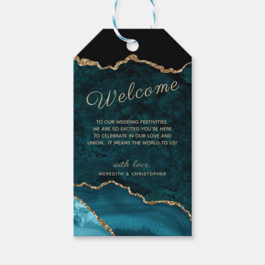 ティール（緑がかった色）アゲート金ゴールド結婚グリッターの歓迎 ギフトタグ (正面)