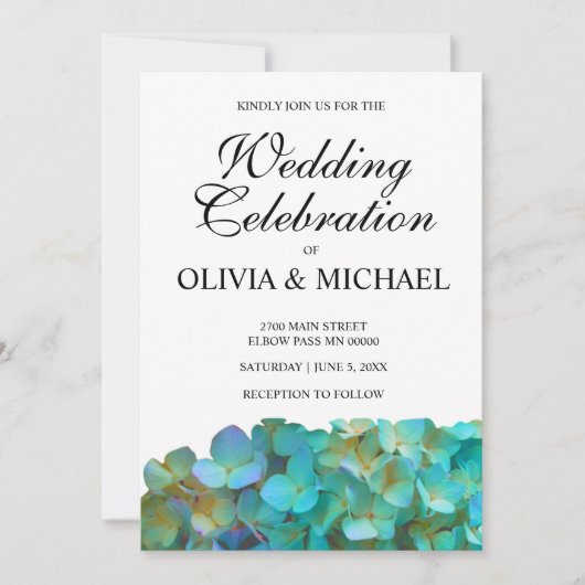 ティール（緑がかった色）アジサイ、青紫色の花 招待状 (正面)