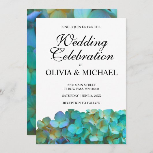 ティール(緑がかった色)アジサイ、青紫色の花 招待状 (正面/裏面)