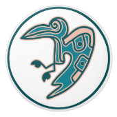 ティール(緑がかった色)アステカグリーンバードモチーフ セラミックノブ (正面)