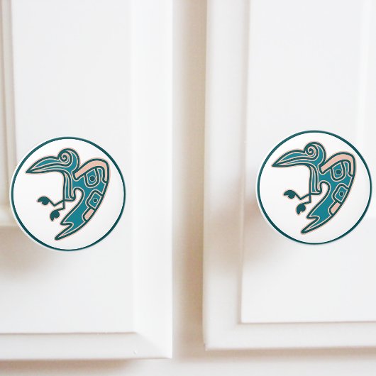 ティール(緑がかった色)アステカグリーンバードモチーフ セラミックノブ