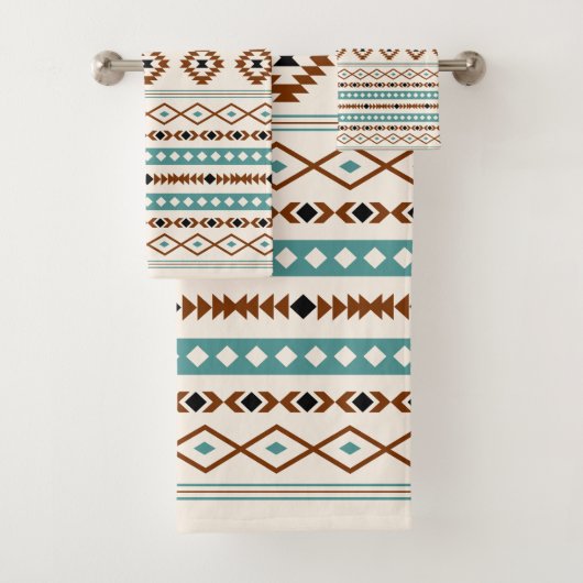 ティール(緑がかった色)アステカテラコッタブラッククリームミックスパターン バスタオルセット (インサイチュ)