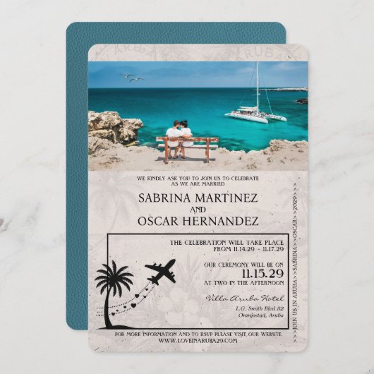 ティール（緑がかった色）アルバパスポート結婚式招待状 招待状 (正面/裏面)