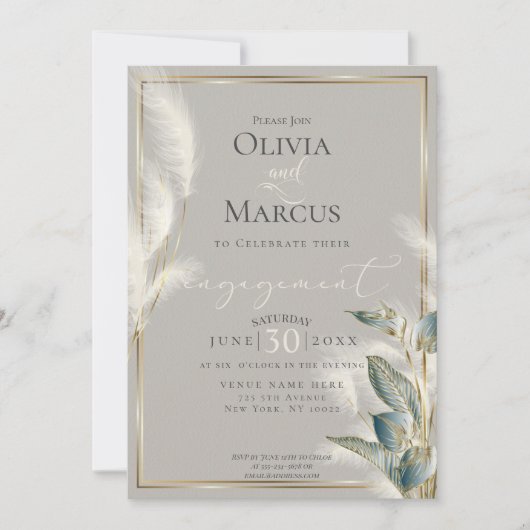 ティール（緑がかった色）アンスリウムフェザリパンパスグラス婚約 招待状 (正面)