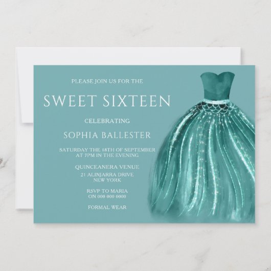 ティール（緑がかった色）アンダーザシーマーメイドドドドレススウィート16パーティー 招待状 (裏面)