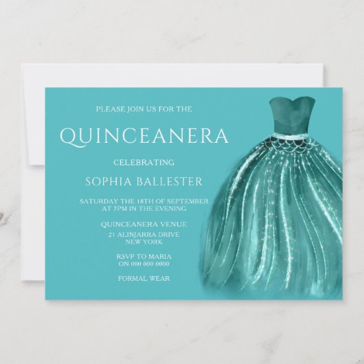 ティール（緑がかった色）アンダーザシーマーメイドドレスキンセアニェラ 招待状 (裏面)