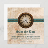 ティール(緑がかった色)アンティーククロックセーブ・ザ・デート案内 招待状 (正面/裏面)