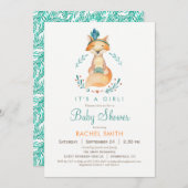 ティール(緑がかった色)アンドオレンジガールキツネベビーシャワー招待状 招待状 (正面/裏面)