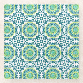 ティール(緑がかった色)アンドグリーンボホスタイル ガラスコースター