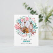 ティール(緑がかった色)アンドコーラルサマービーチ結婚式はがき ポストカード (スタンド正面)