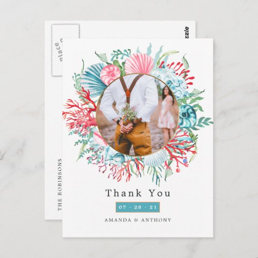 ティール(緑がかった色)アンドコーラルサマービーチ結婚式はがき ポストカード (正面/裏面)