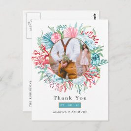 ティール（緑がかった色）アンドコーラルサマービーチ結婚式はがき ポストカード