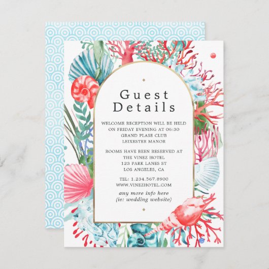ティール(緑がかった色)アンドコーラルサマービーチ結婚式ゲスト詳細 エンクロージャーカード (正面/裏面)