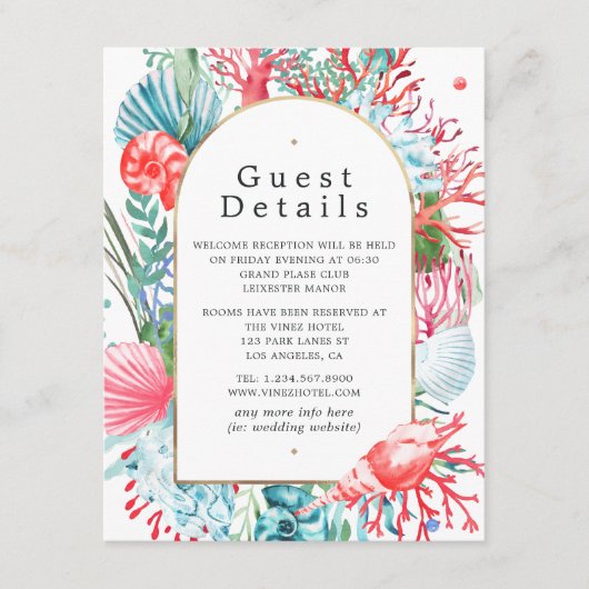 ティール(緑がかった色)アンドコーラルサマービーチ結婚式ゲスト詳細 エンクロージャーカード (正面)