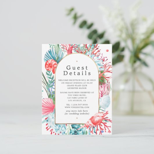 ティール（緑がかった色）アンドコーラルサマービーチ結婚式ゲスト詳細 エンクロージャーカード (スタンド正面)